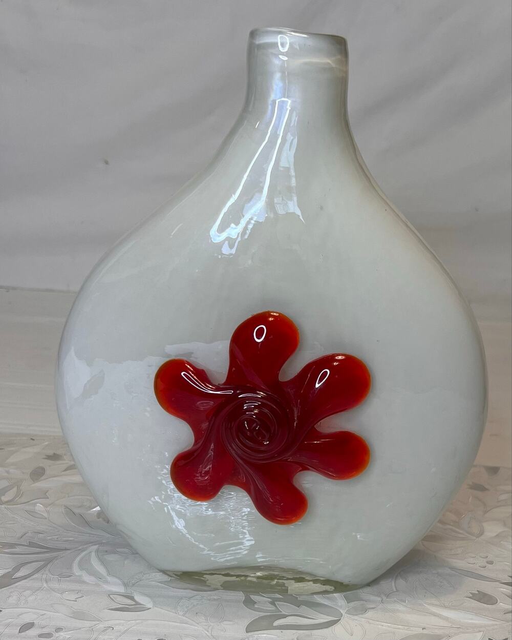 Pier 1 Handblown Small Mouth Glass Vase Feat. a 3D Red Amberina Flower Accent